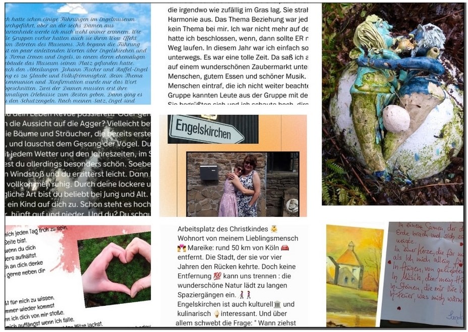 Das Bild zeigt eine Collage von Postkarten und handgeschriebenen Texten.   