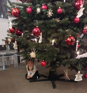 Das Foto zeigt ein lächelndes Mädchen unter einem Weihnachtsbaum 
